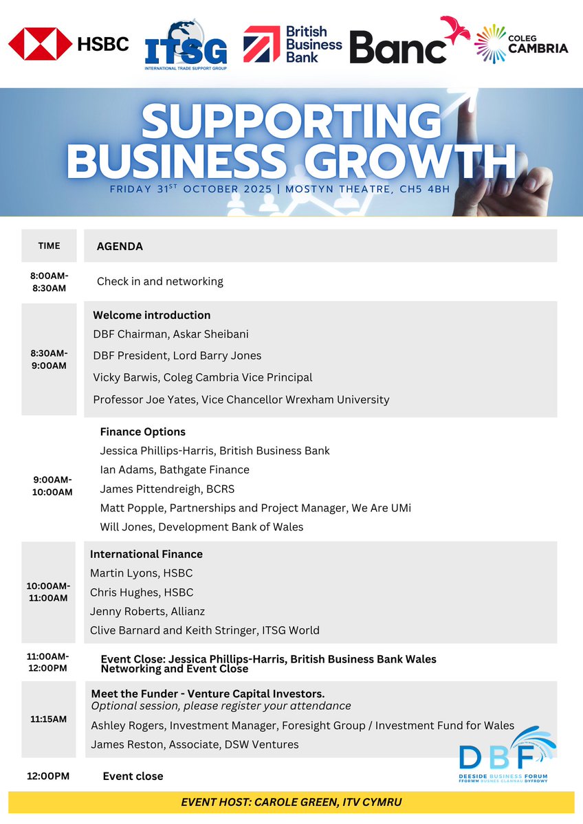 Join us on 31.10 at Deeside Sixth, Coleg Cambria for a morning packed with insights, networking, and expert discussions at our Finance Event 2025. 

Secure your tickets: lnkd.in/eegKjxse

#DBF #BusinessFinance #BusinessEvent