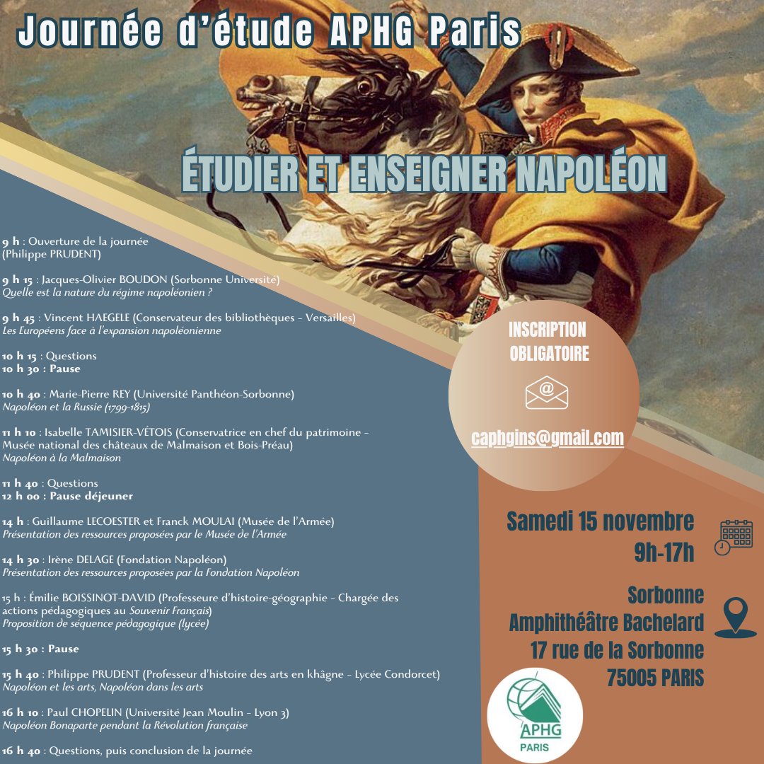 Philippe Prudent (@phprudent1) on Twitter photo Le samedi 15/11, en Sorbonne, la régionale APHG Paris vous propose une journée d'étude consacrée à la période napoléonienne. Au programme : apports scientifiques, propositions pédagogiques, présentation de ressources pour les enseignants. Les inscriptions sont ouvertes ! Le samedi 15/11, en Sorbonne, la régionale APHG Paris vous propose une journée d'étude consacrée à la période napoléonienne. Au programme : apports scientifiques, propositions pédagogiques, présentation de ressources pour les enseignants. Les inscriptions sont ouvertes !