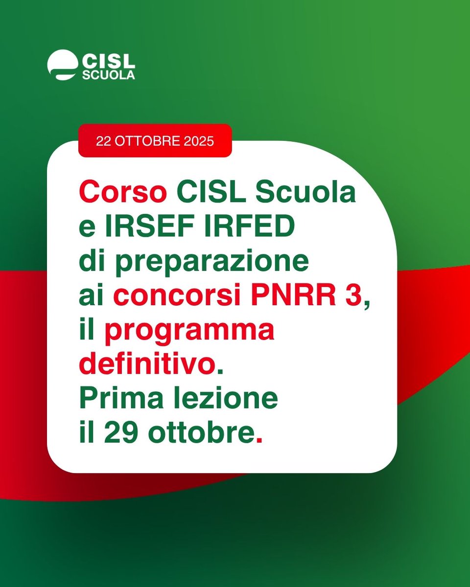 cislscuola's tweet image. Il #programma del #corso di #preparazione ai #concorsiPNRR3 organizzato da #CISLScuola e #IRSEFIRFED è ora definito.

Il #termine per le iscrizioni è fissato al 24 ottobre; la #primalezione è programmata per mercoledì 29 ottobre dalle ore 16.30 alle ore 18.30.

Tra il 27 e il 28