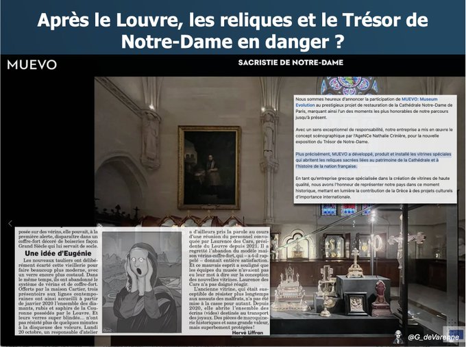 Collage image displays a headline text overlay reading Après le Louvre les reliques et le Trésor de Notre-Dame en danger with a photo of the Notre-Dame sacristy interior showing wooden paneling and a painting, alongside a screenshot of the MUEVO website describing secure display cases for the cathedral, a newspaper article about a theft investigation at the Louvre involving a woman and a man in custody, and another article on the Mona Lisa with an image of the painting.