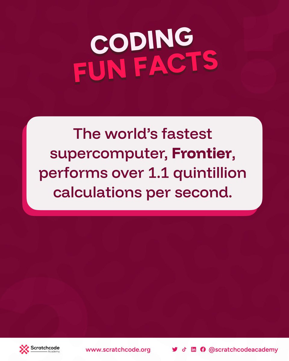scratchcode_aca's tweet image. Super speed meets smart code!
The world’s fastest supercomputer, Frontier, performs 1.1 quintillion calculations per second, powered by C, C++, and Python.
Join Scratchcode Academy today 🚀 ✨️
#CodingFunFact #TechTrivia #Supercomputing #scratchcodeacademy #EveryoneCanCode