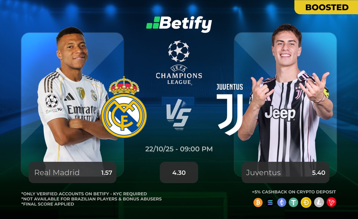 UEFA CHAMPIONS LEAGUE 🏆

Real Madrid - Juventus

Let us know your score prediction in comment for a chance to receive a tip 🔥

To enter:
Follow @Betifyofficial
💚 + ♻️
⚠️ 1 guess per account | Betify🆔 needed
2 winners 💰

⚽️ betify.bio