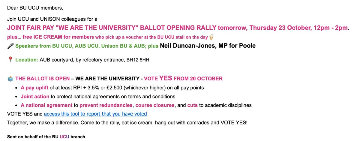 #WeAreTheUniversity <a href="/ucu/">UCU</a> 
National Ballot 
Bournemouth University UCU &amp; Arts University Bournemouth UCU <a href="/AUB_UCU/">AUBUCU: Solidarity Machines + Fun Memes. Also Art.</a> 
Opening Rally with <a href="/unisontheunion/">UNISON - UK's largest union</a>  
tomorrow, Oct 23, from 12pm