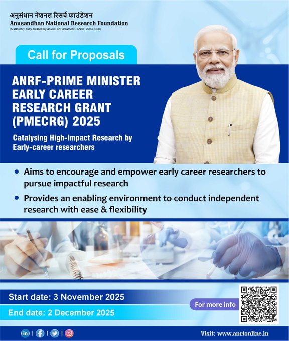 Sanjeev Varshney (@skvdst) on Twitter photo Prime Minister Early Career Research Grant by <a href="/ANRFIndia/">Anusandhan National Research Foundation</a>
For regular faculty below 42 years of age (relaxable to few) as first independent research grant.
Support up to Rs 60 lakh over 3 years in all STEM subjects.
Details at anrfonline.in/ANRF/ecrg_anrf…
Apply by 2nd December 2025 Prime Minister Early Career Research Grant by <a href="/ANRFIndia/">Anusandhan National Research Foundation</a>
For regular faculty below 42 years of age (relaxable to few) as first independent research grant.
Support up to Rs 60 lakh over 3 years in all STEM subjects.
Details at anrfonline.in/ANRF/ecrg_anrf…
Apply by 2nd December 2025