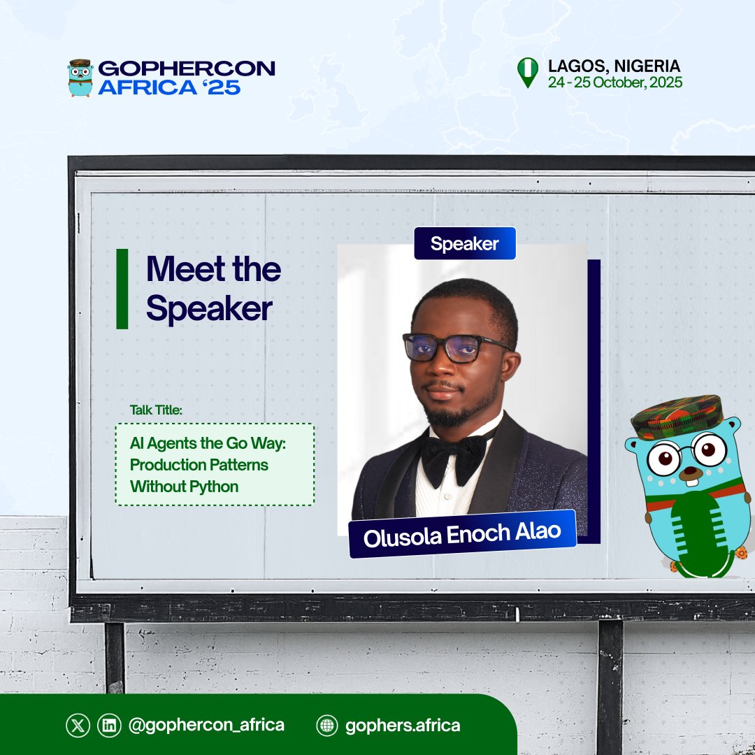gophers_africa's tweet image. 🎙️Speaker Spotlight: @alaoolusolae 
"AI Agents the Go Way: Production Patterns Without Python"
Live demo of a voice-enabled AI agent built entirely in Go! 🤖
Speech-to-text → reasoning → knowledge search → LLM responses → text-2-speech
Who said you need Python for AI? 😎
#AI