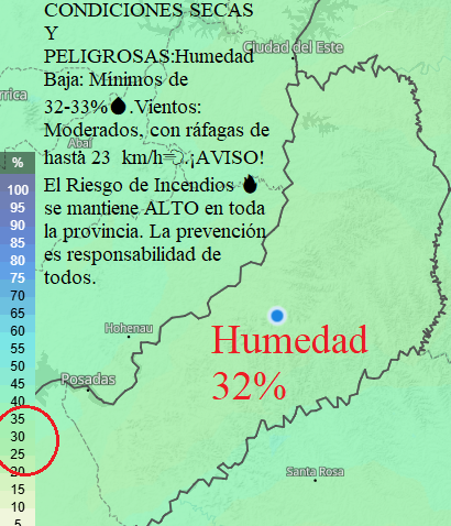 AT_Misiones's tweet photo. ATENCIÓN: CONDICIONES SECAS Y PELIGROSAS:Humedad Baja: Mínimos de 32%-33% 💧.Vientos: Moderados, con ráfagas de hasta 23 km/h💨 https://t.co/GzqGn81xVH