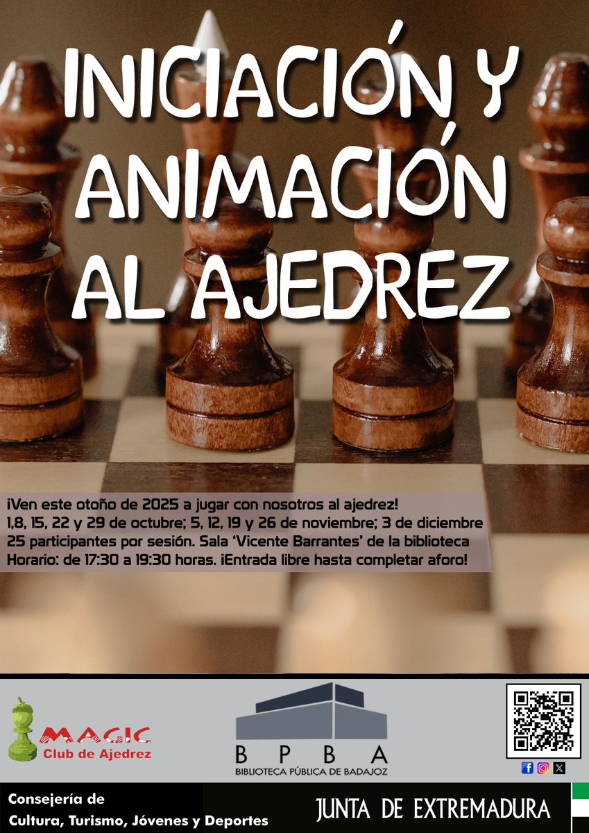 Biblioteca de Badajoz (@bibliobadajoz) on Twitter photo ¡Cuarta sesión de "talleres de ajedrez"! Hoy a las 17:30, todos en la sala "Vicente Barrantes" de <a href="/BiblioBadajoz/">Biblioteca de Badajoz</a> para jugar emocionantísimas partidas de ajedrez con <a href="/chessmagic/">Club Ajedrez Magic Extremadura</a>. No importa tu nivel, si quieres aprender este es el momento. ¡Entrada libre, os esperamos! #Badajoz ¡Cuarta sesión de "talleres de ajedrez"! Hoy a las 17:30, todos en la sala "Vicente Barrantes" de <a href="/BiblioBadajoz/">Biblioteca de Badajoz</a> para jugar emocionantísimas partidas de ajedrez con <a href="/chessmagic/">Club Ajedrez Magic Extremadura</a>. No importa tu nivel, si quieres aprender este es el momento. ¡Entrada libre, os esperamos! #Badajoz