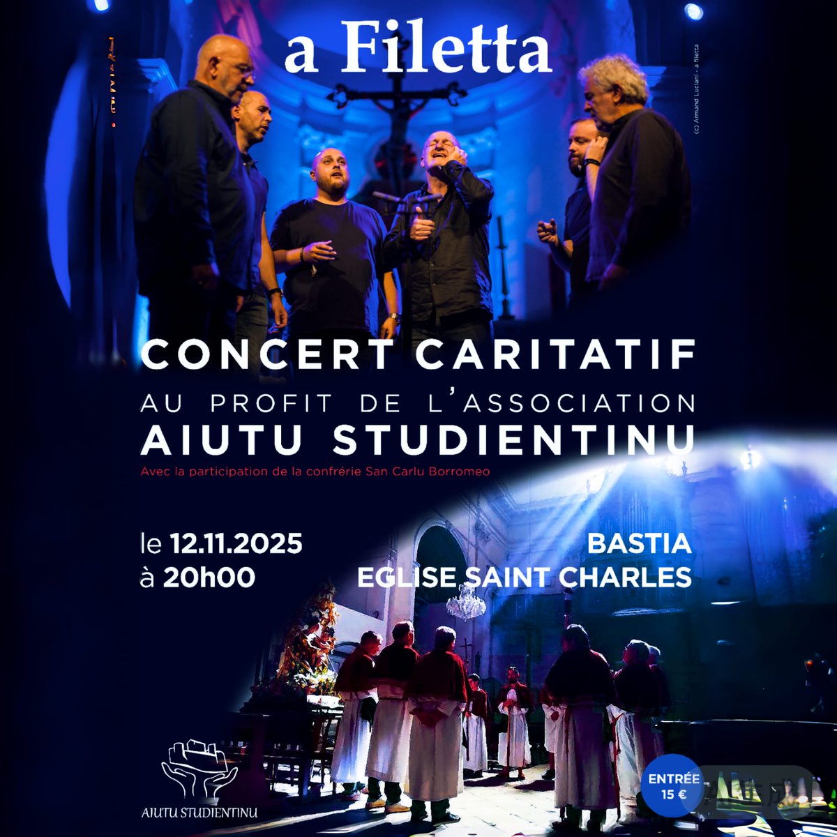 Le 12 novembre à 20h, la Confrérie Saint Charles aura l’honneur d’accueillir, dans son oratoire, le groupe A Filetta pour un concert caritatif exceptionnel.
Les bénéfices seront intégralement reversés à l’association Aiutu Studientinu.
🎟️ Billetterie sur place.