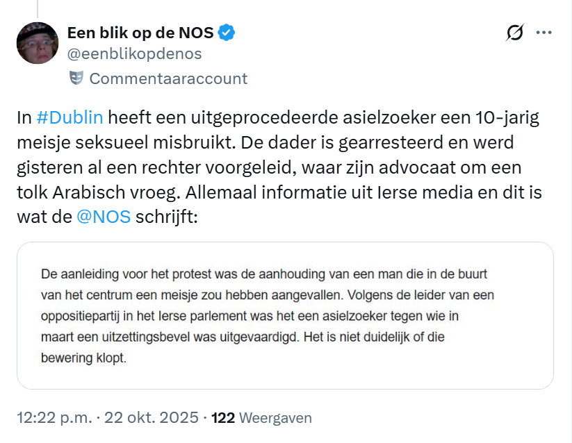 eenblikopdenos's tweet photo. In #Dubin heeft een uitgeprocedeerde asielzoeker een 10-jarig meisje seksueel misbruikt. De @NOS laat de leeftijd van het meisje weg en ook dat er sprake is van seksueel misbruik. Bovendien zaait de "neutrale" taakomroep twijfel over de achtergrond van de dader. #typischNOS ⭕️ https://t.co/QzZhC5D59z