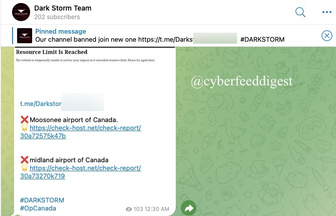 cyberfeeddigest's tweet image. 🇨🇦 #DarkStorm Team Strikes #Canada Airports
Pro-Russian group “Dark Storm Team” reportedly launched #DDoS attacks on Canadian infrastructure:
 Moosonee Airport
hxxps://check-host[.]net/check-report/30a72575k47b

Midland Airport
hxxps://check-host[.]net/check-report/30a73270k719
