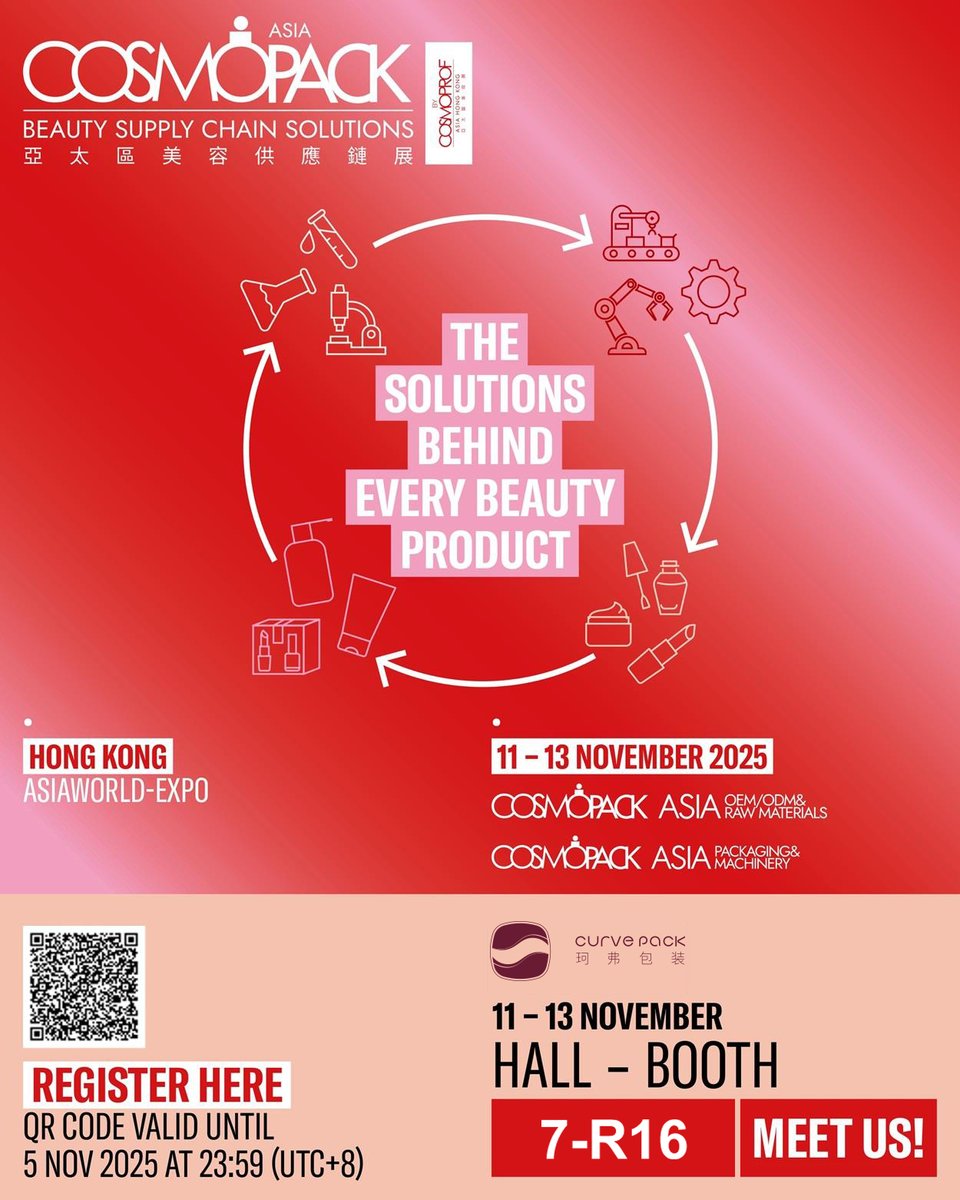 CurverPackaging's tweet photo. See you at Cosmoprof Asia Hong Kong 2025!
Discover CurvePack’s full range of cosmetic packaging innovations:
• Sustainable &amp; recyclable materials
• All-plastic, metal-free pumps
• Airless bottles &amp; jars
📍 Hall 7 – R16 | November 11–13
#CosmoprofAsia #CurvePack #Cosmetic https://t.co/PyY84uRxoX