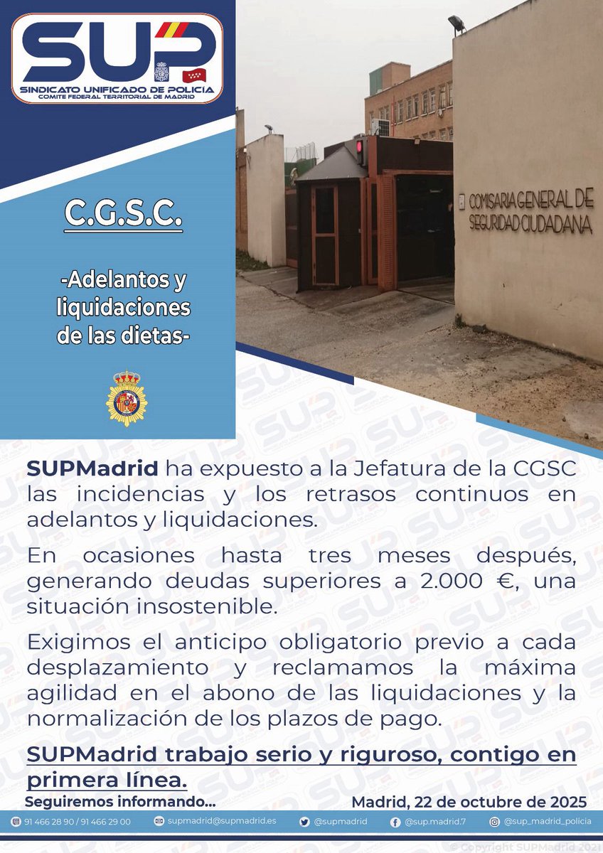 🔴 Hasta 3 meses de retraso y deudas de más de 2.000 € en dietas.
🔊 Desde #SUPMadrid exigimos el anticipo obligatorio y la normalización de pagos esta situación es insostenible.
⚠️ Demandamos previsión y seriedad.
#SupActualizaciónDietas #SupInforma