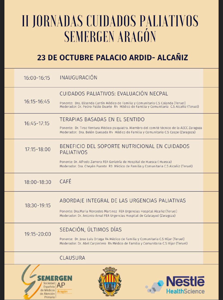 II Jornadas de Cuidados Paliativos @semergen_aragon 

🗓️ 23 de Octubre 2025
📍Palacio Rey Ardid . Alcañiz
📝jpaliativosalc@gmail.com

Con la colaboración de @cusirar