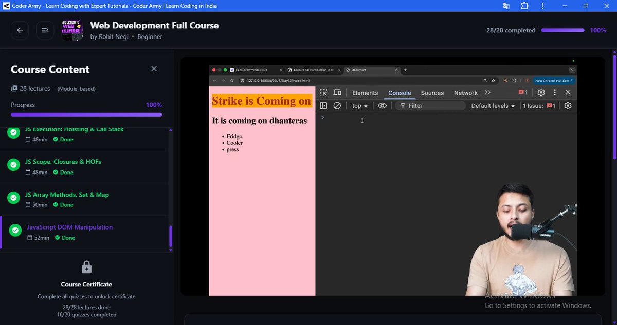 SachinK82390021's tweet image. My web development journey Day(21) - Javascript Lecture(13)
Javascript DOM Manipulation
#CoderArmy #webdevelopment #javascript #css