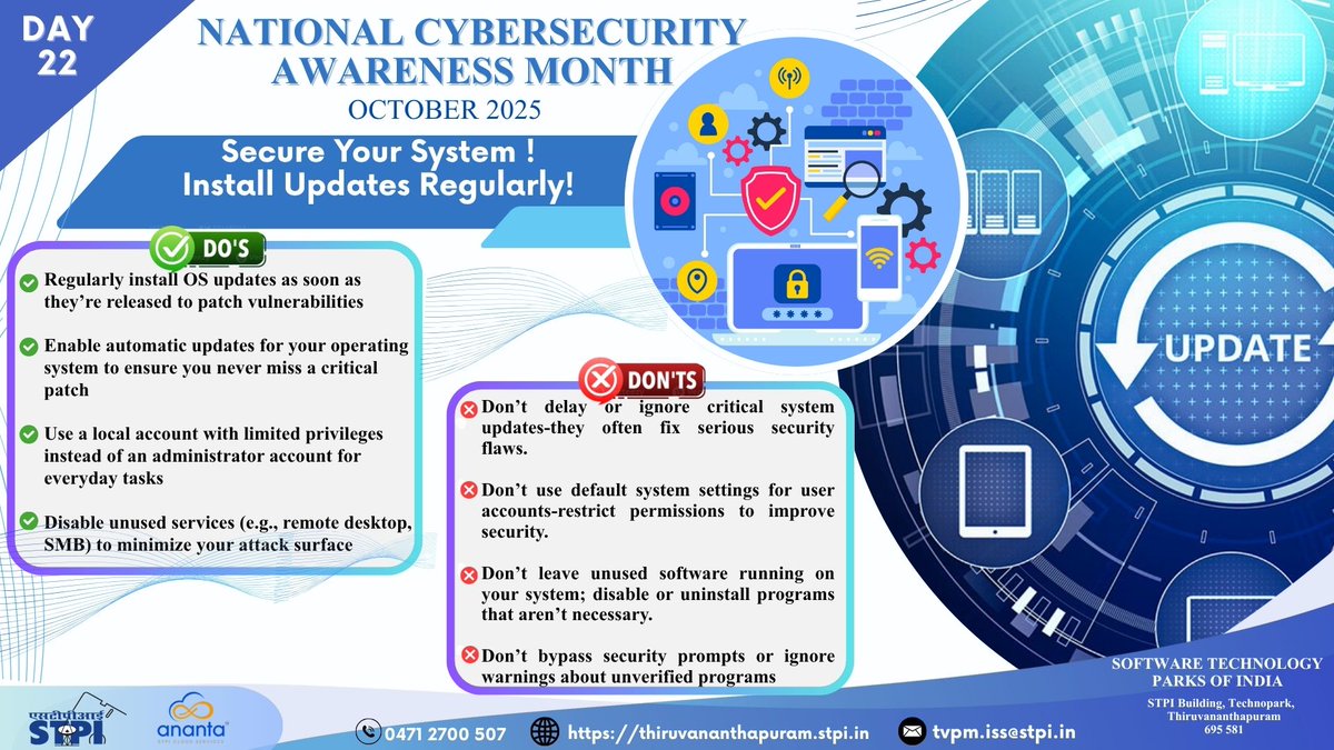National Cyber Security Awareness Month 2025 - Day - 22 
#NCSAM2025 #CyberJagritBharat #CyberAwareness #STPISOCSERVICES #STPICLOUDSERVICES #STPIINDIA

<a href="/GoI_MeitY/">Ministry of Electronics & IT</a> <a href="/IndianCERT/">CERT-In</a> <a href="/stpiindia/">STPI</a> <a href="/arvindtw/">Arvind Kumar</a> <a href="/guptaa_sanjay/">Sanjay Kumar Gupta</a> <a href="/GaneshNayakK/">Ganesh Nayak K 🇮🇳</a>