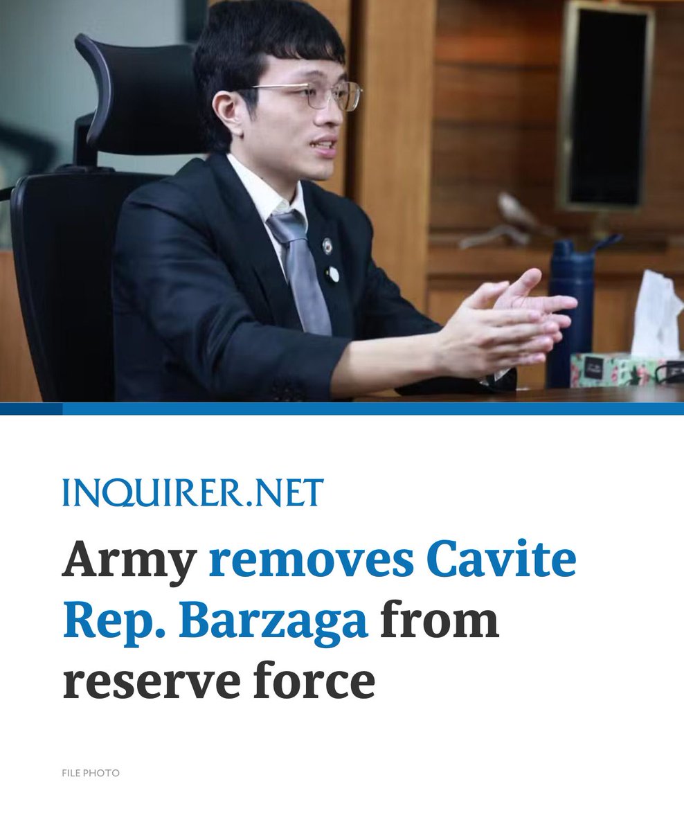 inquirerdotnet's tweet image. The Philippine Army has removed Cavite 4th District Representative Francisco “Kiko” Barzaga Jr. from the Armed Forces of the Philippines (AFP) Reserve Force, citing violations equivalent to a grave offense under military regulations.
READ MORE: inqnews.net/barzagaarmy