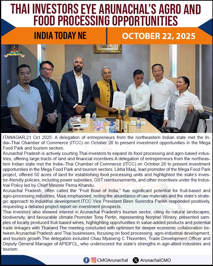 Arunachal Pradesh delegation met the India–Thai Chamber of Commerce to boost investment in the Mega Food Park and tourism sectors. Thai investors praised the State’s policies and development vision under the Hon’ble CM.
Read more: t.ly/ZLT1v