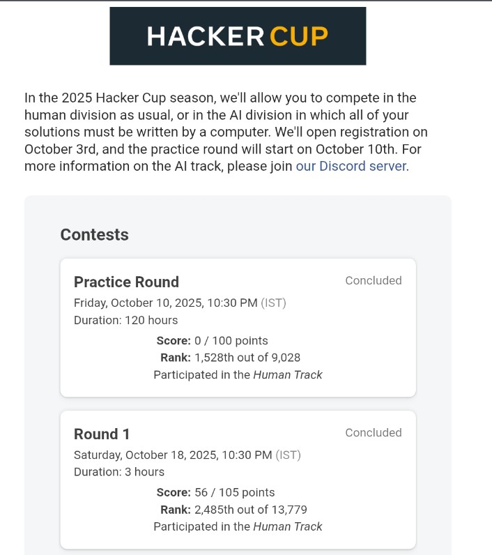 anshu_2211_'s tweet image. Hi, I recently participated in Meta Hacker Cup 2025 and secured a rank of 2,485 after solving 4 problems.
The most intense part of the contest is that you never know if your submission is accepted or not until after the round ends.

#MetaHackerCup #CompetitiveProgramming #Coding