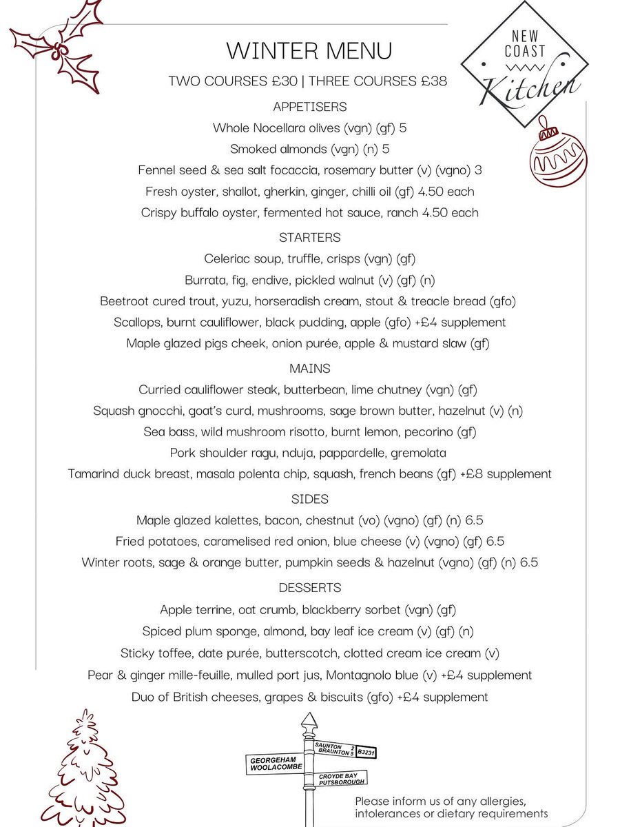 New Coast Kitchen in Croyde. Winter’s here, and so is our Winter Set Menu for 2025!
From Wednesday 5th November, we are offering TWO COURSES £30 | THREE COURSES £38