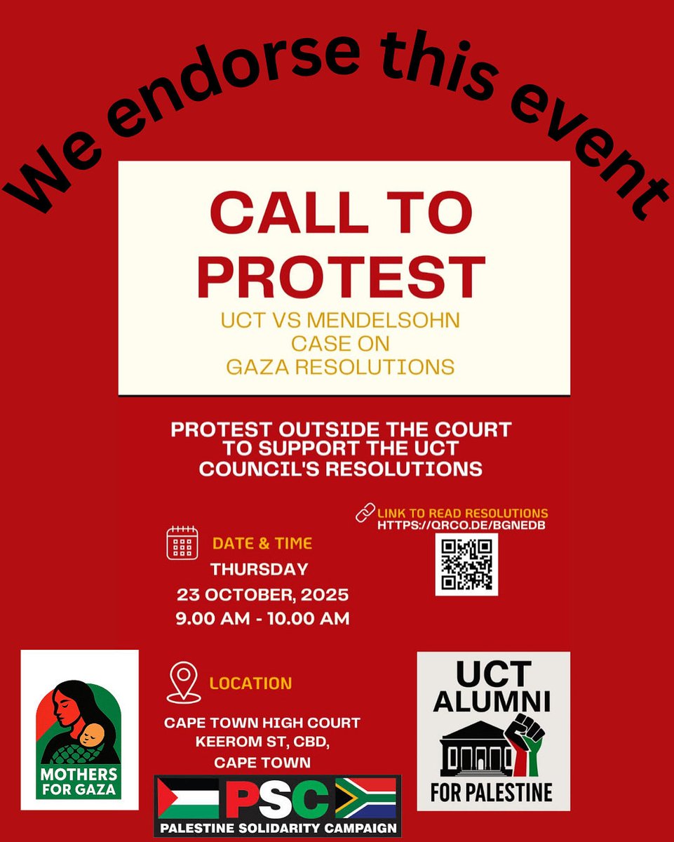 UCT’s resolutions on Palestine are under attack, donors are using money to silence truth.
Join us at the Cape Town High Court to defend academic freedom &amp; stand with Palestine.

Please join us to show support!