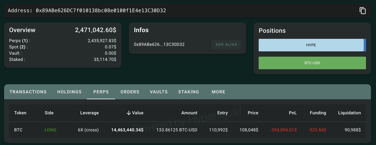 Screenshot of whale 0x89AB's BTC long position on Hyperliquid