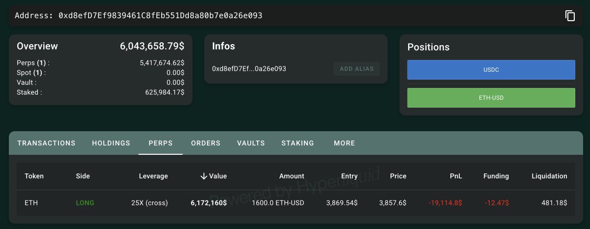 Screenshot of whale 0xd8ef's ETH long position on Hyperliquid