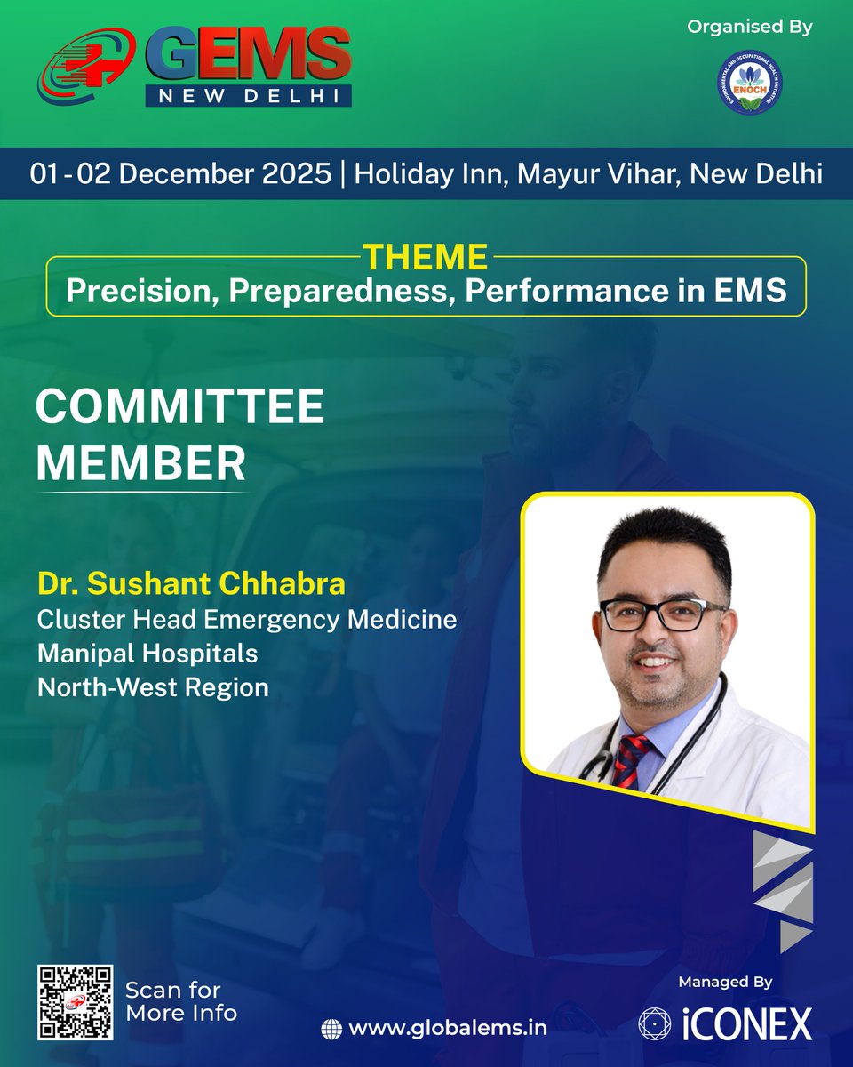GlobalEMS217675's tweet image. We are pleased to welcome Dr. Sushant Chhabra, Cluster Head of Emergency Medicine, Manipal Hospitals, North-West Region, as a Committee Member for the #GEMS2025

🗓️ 01 - 02 December 2025
📍Holiday Inn, Mayur Vihar, New Delhi

🔗globalems.in

#EMS #Committeemember