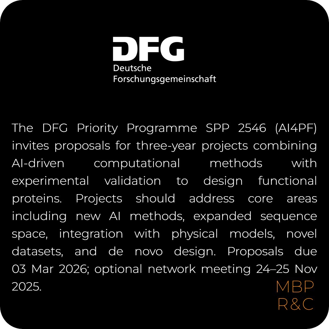 📢 Computational &amp; experimental PIs—the #DFG invites proposals to develop AI-driven methods towards functional proteins
📅Register 23 Feb
📅Deadline 03 Mar
🔗 rxn.mbp-rnc.com/25afy?utm_sour…
🏷️ Know a PI who should apply? Tag them or share this post
#CallForProposals
#ResearchFunding