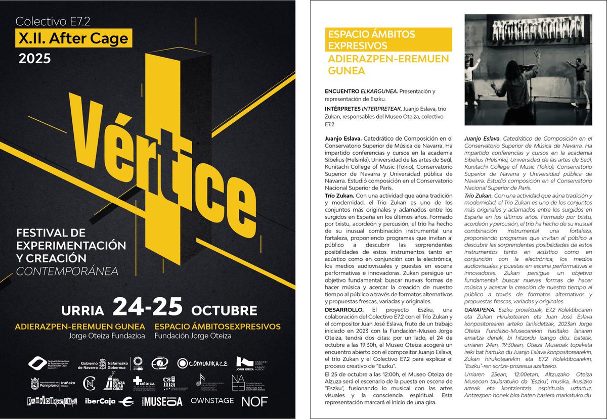 after_cage's tweet photo. 🎶 El Festival After Cage X.II. ‘Vértice’ cierra su programación de otoño con dos citas de altura
📍 Eszku en el Museo Oteiza (24 y 25 oct) 
🥁 Estreno mundial de Augeo en Civivox Iturrama (sáb 25, 19:30h)
#Pamplona #CulturaNavarra #AfterCage #MuseoOteiza  @Pamplonacultura https://t.co/9KQzvfgYE6