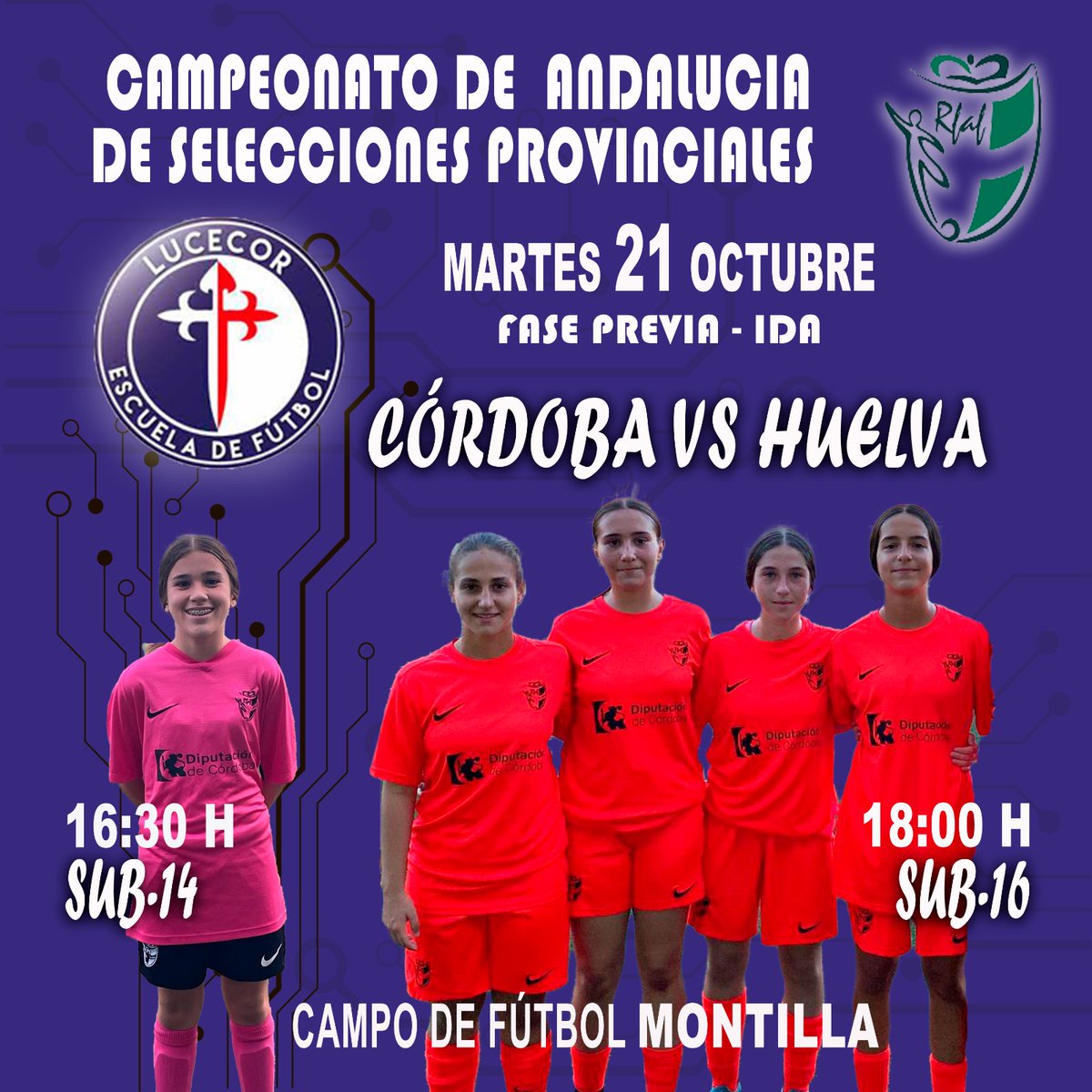 Selección Cordobesa 

5 de nuestras jugadoras convocadas para la fase previa que se disputara en el dia de hoy en Montilla.

Mucha suerte a todas!! 
Disfruten del futbol y estar hay ya es un pasito importante!! 
#GoLucecor