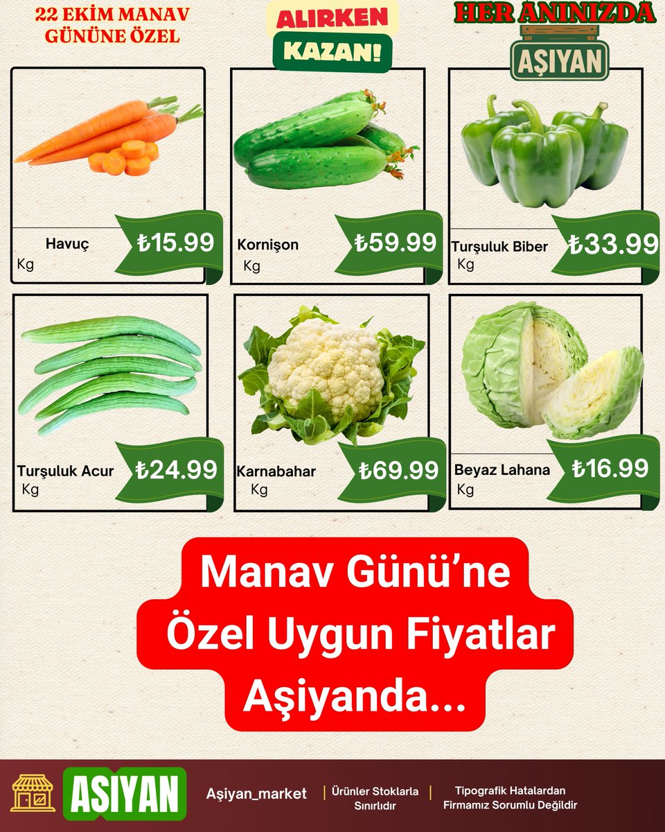 ASiyanMarket's tweet photo. 🥬🍓MANAV GÜNÜNE ÖZEL FIRSATLAR! 🍊🥕
En taze sebze ve meyveler 22 Ekim Çarşamba günü Aşiyan Market’te sizleri bekliyor! 💚

📍 Aşiyan Market
⏳ Sınırlı stok

#AşiyanMarket #ManavGünü #TazeLezzetler #UygunFiyat #i̇ndirimzamanı https://t.co/kPPP5hUeYu