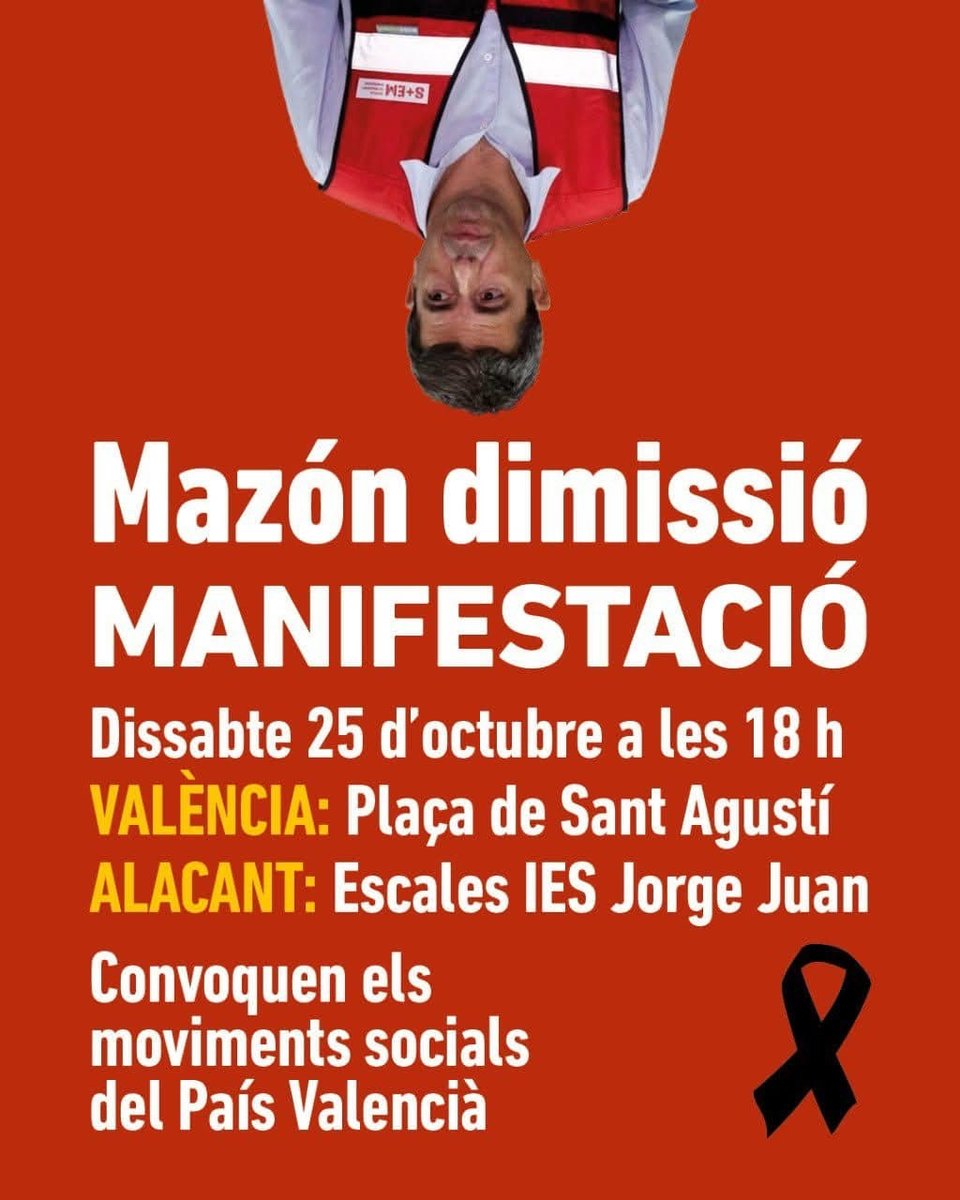 Por favor, hagamos todo lo posible para que la manifestación del

SÁBADO 25
a las 18:00 horas
en la Plaza S. Agustín
de València

sea masiva y empuje por fin a Carlos Mazón a las alcantarillas de la historia.

Mazón a prisión.
El President
a Picassent.