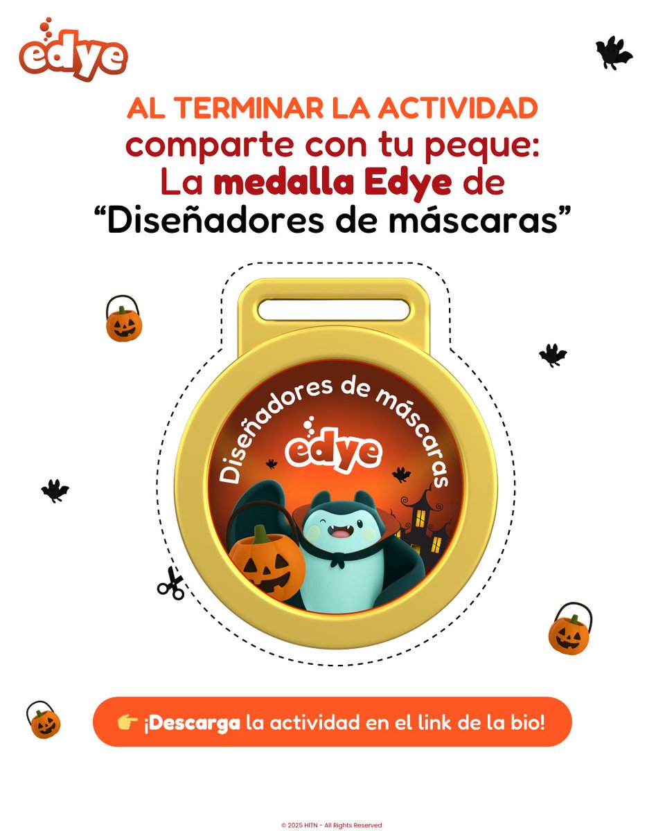 🎭✨ ¡Disfrázate como Edye este Halloween! 👻

Elige, colorea y crea tu propia máscara mágica 🎨

🏅 ¡Gana la medalla Edye de “Diseñador de máscaras”!

👉 app.edye.com/MascarasHallow…

#Edye #HalloweenEnFamilia #ActividadesParaNiños #Manualidades