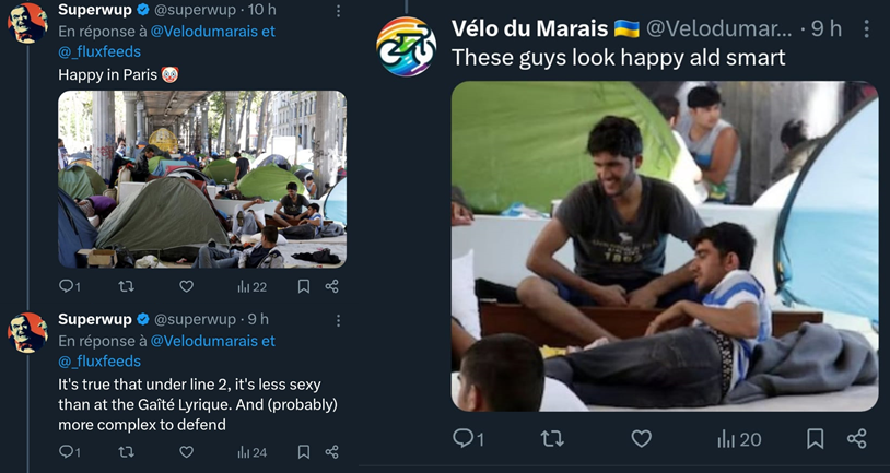 La gauche des appartements à 14.000€/m² du centre de Paris juge sur photo que les migrants vivant sous la ligne 2 du métro ont l'air heureux.