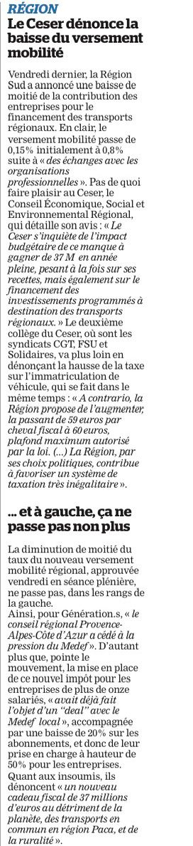 Avec le <a href="/COMUT13/">Comité des usagers des transports marseillais</a>, nous nous associons aux dénonciations des reculades effectuées par <a href="/MaRegionSud/">Région Sud</a> sur le financement des transports publics régionaux. Avec <a href="/FNAUT_fr/">Fnaut</a>, nous avions d'ailleurs voté contre cet abaissement du VMT, lors du COPART Régional où le patronat est majoritaire