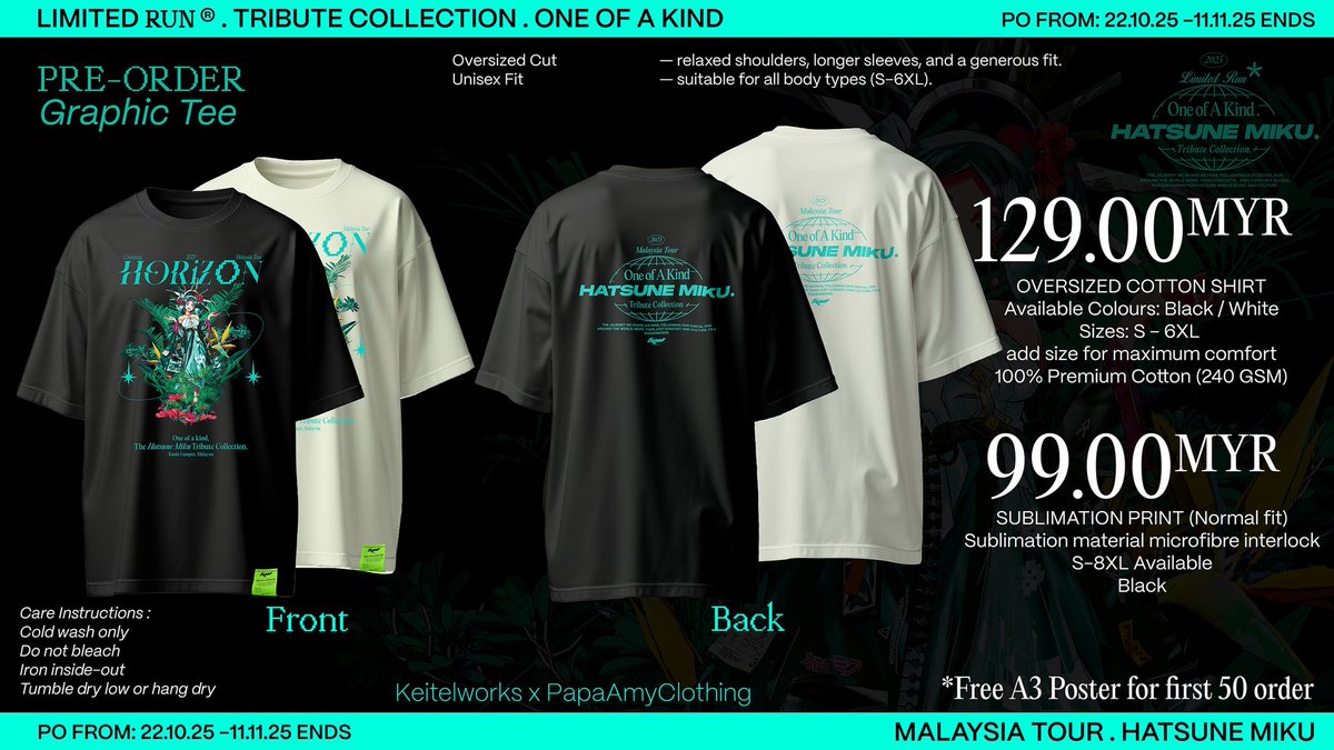 Our Miku Fanshirt Project Malaysia Tour 2025 is now open! 🎉
Get yours with the link pre-order your t-shirt now!🎉
*Malaysia only 🙏🏻🙏🏻Limited Time!

docs.google.com/forms/d/e/1FAI…

#HatsuneMiku #初音ミク