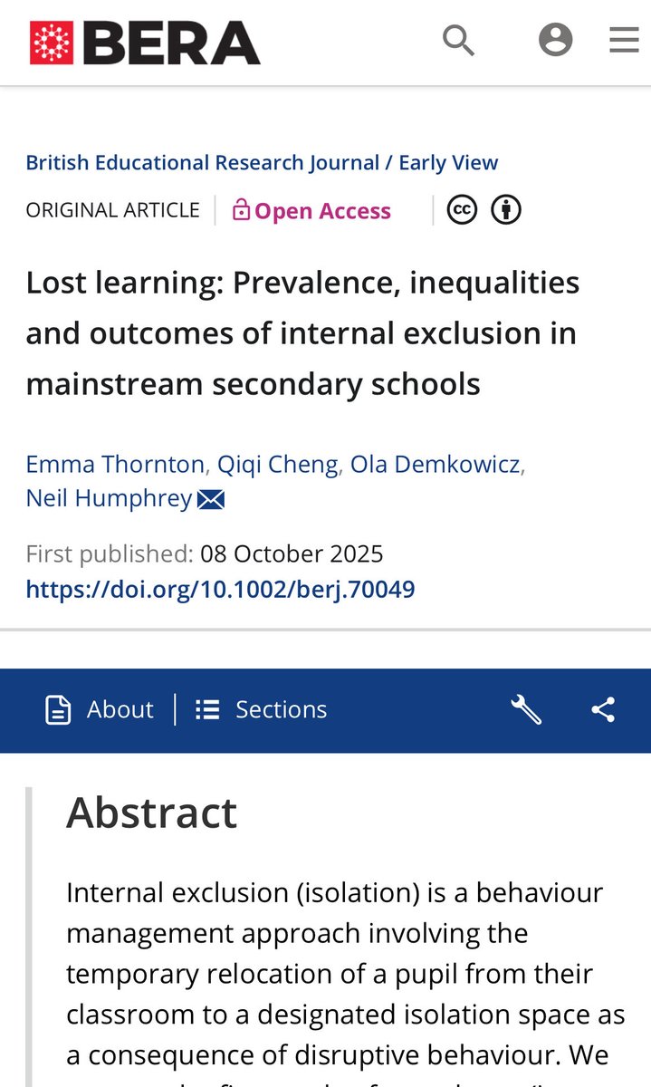 NEW #research on secondary school exclusions 👇

 “We conclude that internal exclusion is a very widely used but likely discriminatory and harmful practice; accordingly, alternative approaches to managing behaviour in secondary schools are warranted”. 

bera-journals.onlinelibrary.wiley.com/doi/full/10.10…