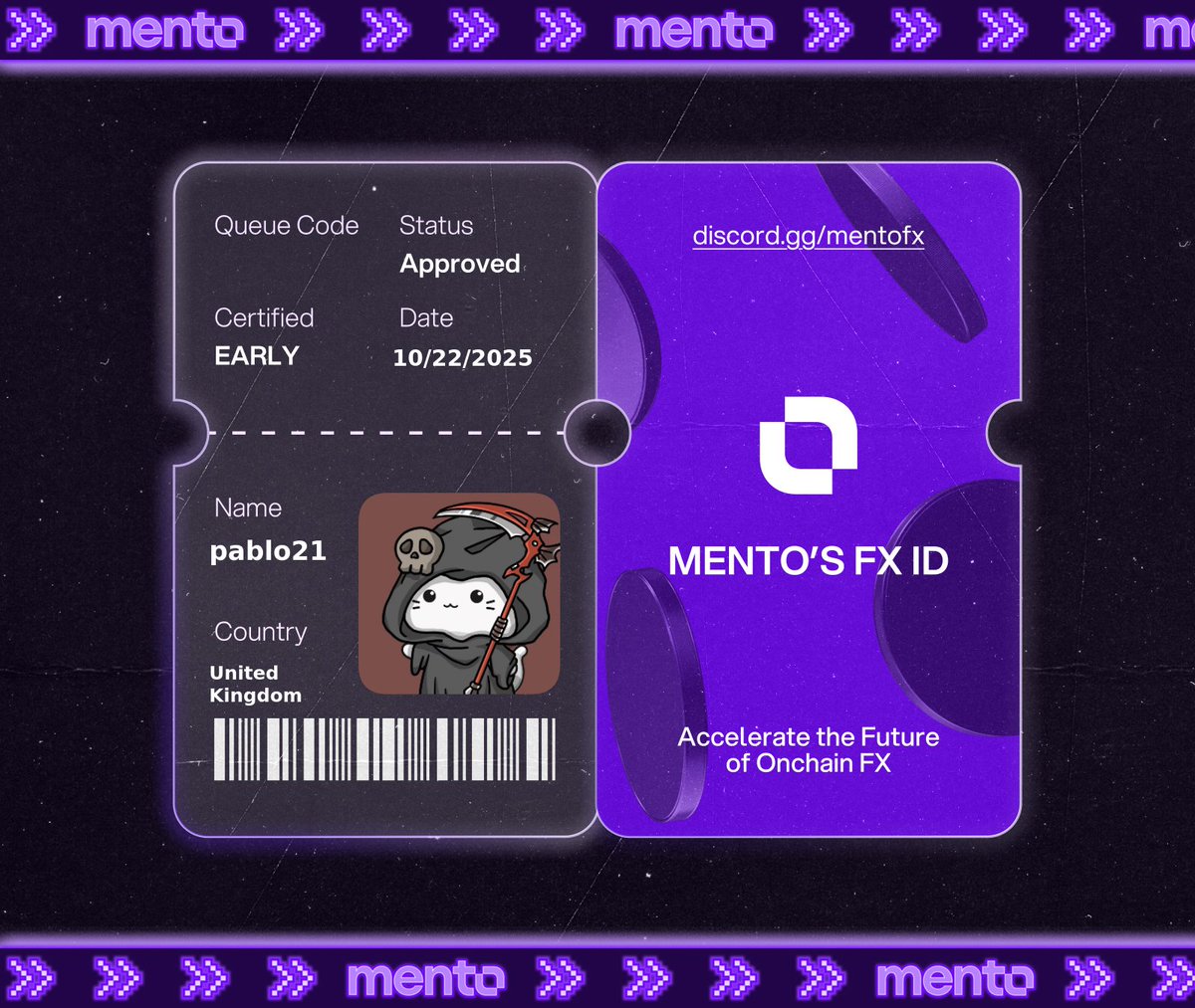 grindcore1313's tweet image. Licensed to trade the internet’s FX layer. 

Claimed my FX ID on discord.gg/mentofx 

 every currency, onchain with @MentoLabs