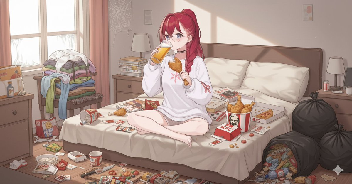 moji_no_tsudoi's tweet photo. ベッドの上で赤髪の女性が食事をする風景 https://t.co/Rr1uxxt6zR