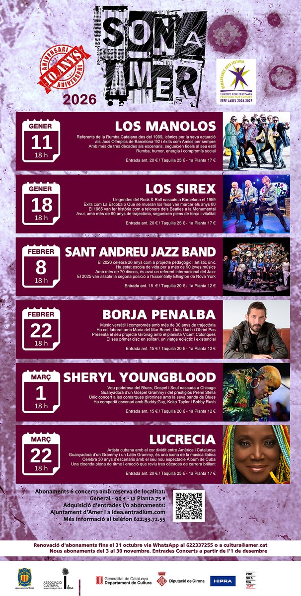 Darrers dies per renovar els abonaments del Sona Amer! 
Si encara no ho heu fet, és el moment d’assegurar-vos el vostre seient per aquesta 10a edició, que arriba amb una programació excepcional i artistes de primer nivell.
WhatsApp al 622 337 255 o mail a cultura@amer.cat