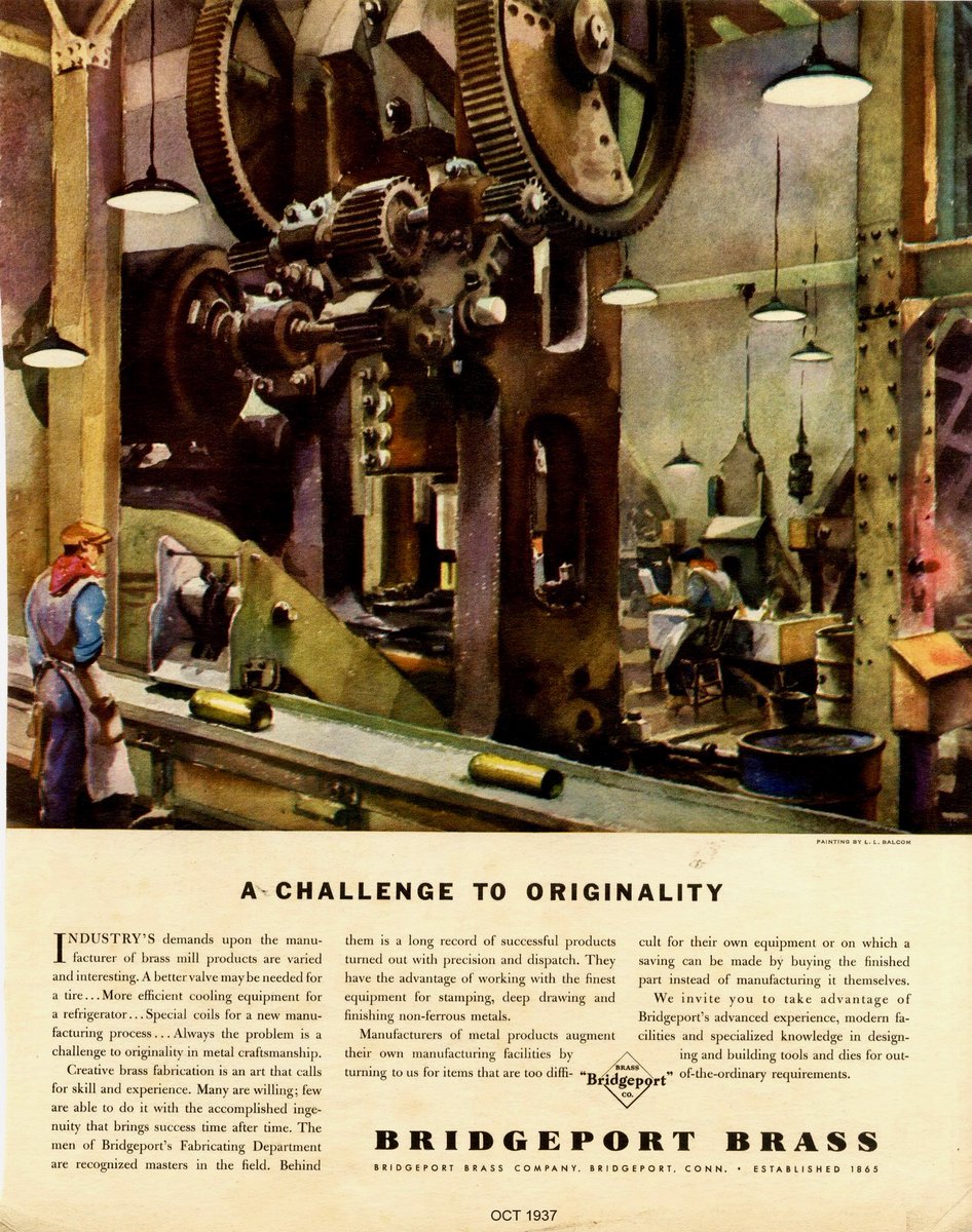LRonLacy's tweet photo. ‘A Challenge to Originality’
‘Industry’s demands upon the manufacturer of brass mill products are varied and interesting. ...’
Bridgeport Brass - October 1937
#illustrationart #illustrationartists #LLBalcom #BridgeportBrass #factory #brass #alloys #metals #industrialsublime https://t.co/jS9COhcFqS