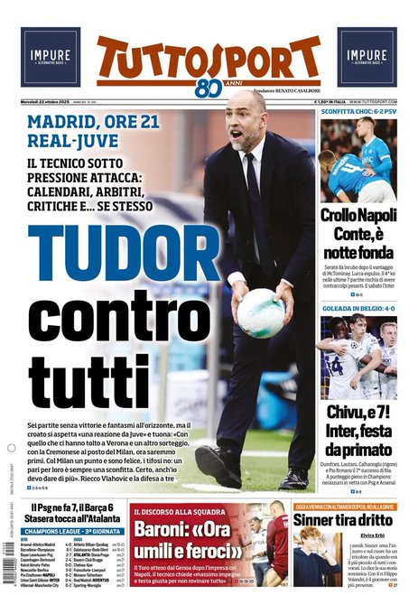 Front Page Tutto Sport, Wednesday 22 October 2025