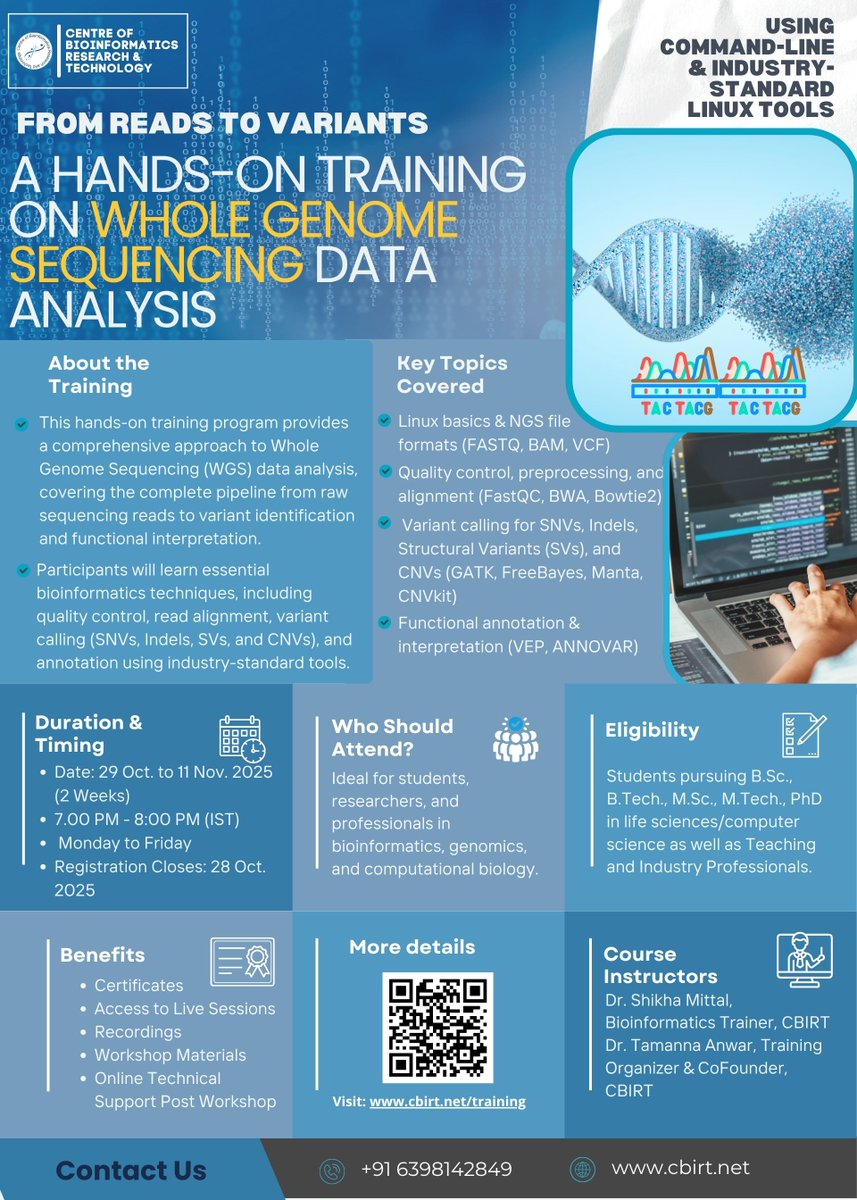 CbirtDirector's tweet image. 🧬Master #WGS Data Analysis!
Learn variant calling (SNVs, Indels, SVs, CNVs) & functional interpretation with command-line & Linux tools.
📅 Oct 29-Nov 11 | 7-8 PM IST
For Details: 📧 info@cbirt.net | 📞 +91 6398142849 🌐 cbirt.net/training
#Bioinformatics #Genomics #NGS