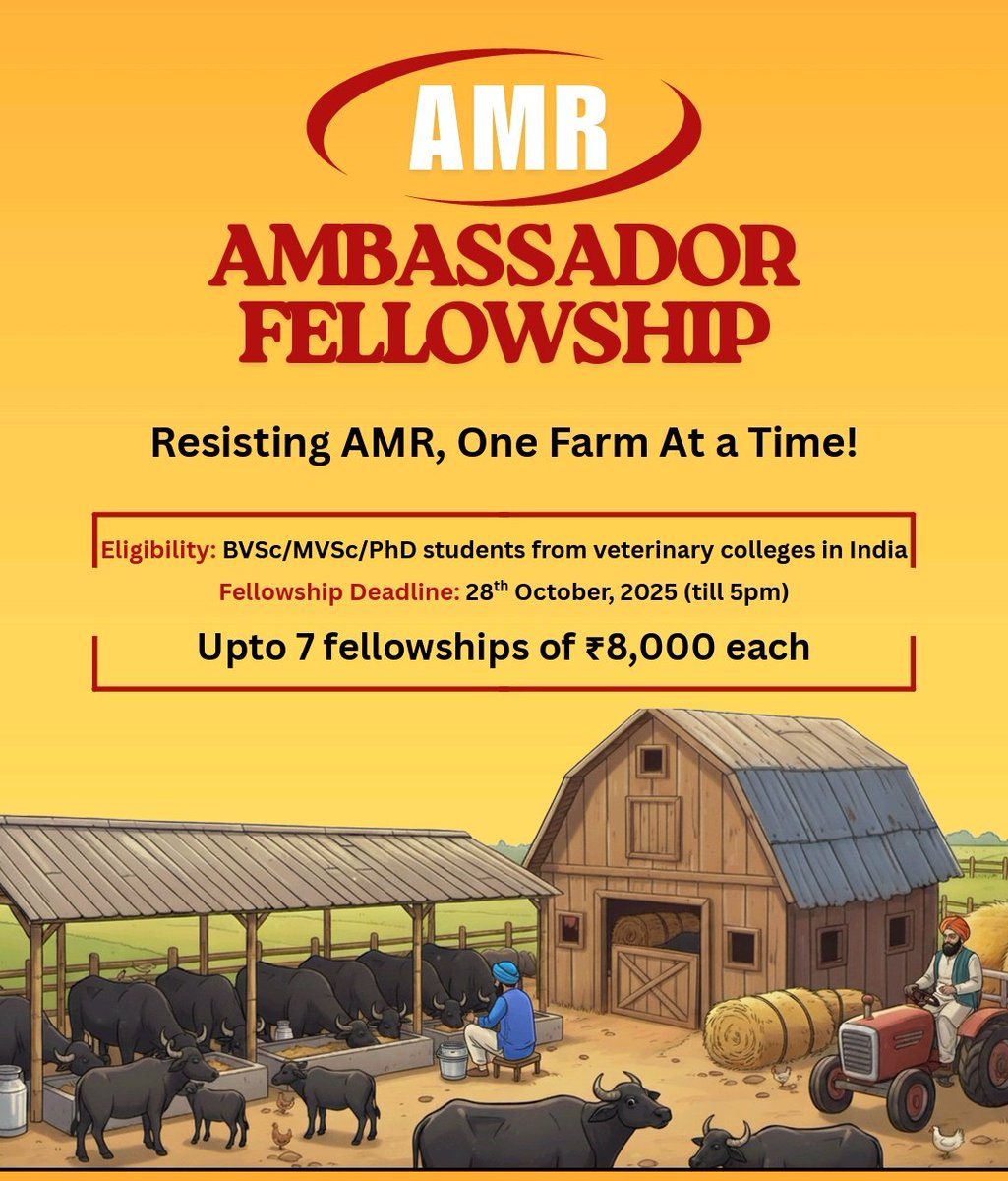beingvet21's tweet photo. Join the fight against #AntimicrobialResistance!
Become an AMR Ambassador Fellow under Resisting AMR, One Farm at a Time! Open to Vet Students.
📧 resistingamr@gmail.com#AMR #AMR #OneHealth #CSIRIMTECH #TrinityChallenge @Dept_of_AHD @icarindia @NaMo4PM @kvkkullu @ankaaj https://t.co/BGmqoFjVk9