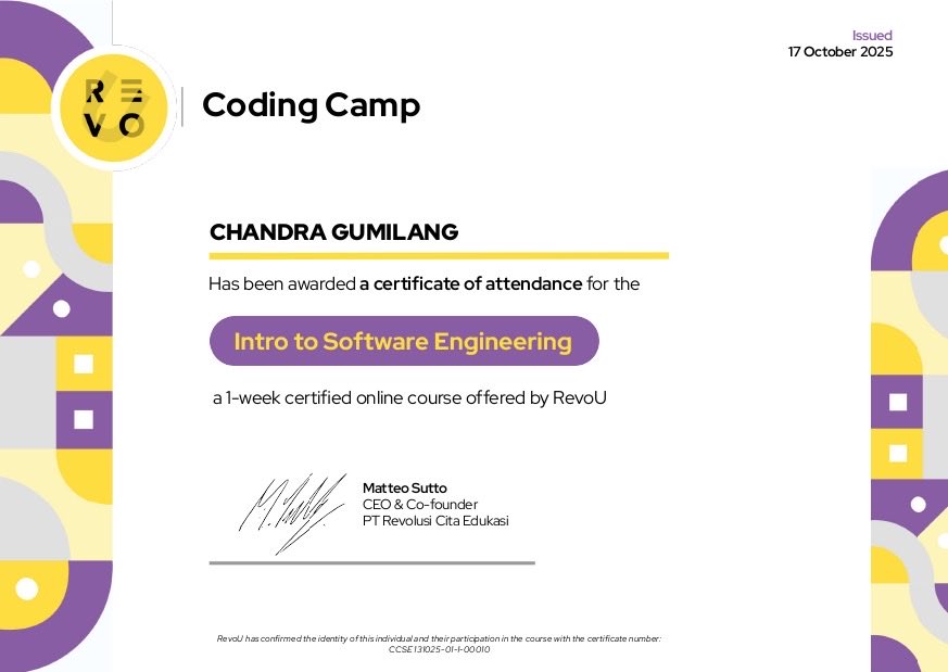 0xCGrekt's tweet image. Just completed my first step into Software Engineering! I'm excited to share that I've finished the Intro to Software Engineering Coding Camp by RevoU.
Thanks to RevoU for the opportunity and guidance, Let’s keep building!
#SoftwareEngineering #CodingCamp #FullstackDeveloper