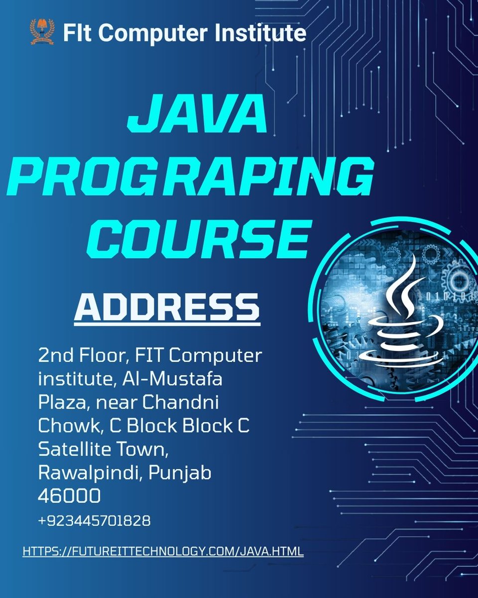 FitComputer's tweet image. Java Programing Course In Rawalpindi And Islamabad
futureittechnology.com/java.html
futureittechnology.com
Address: 2nd Floor, FIT Computer institute, Al-Mustafa Plaza, near Chandni Chowk, C Block Block C Satellite Town, Rawalpindi, Punjab 46000
Phone: 0344 5701828
#JavaCourseRawalpindi