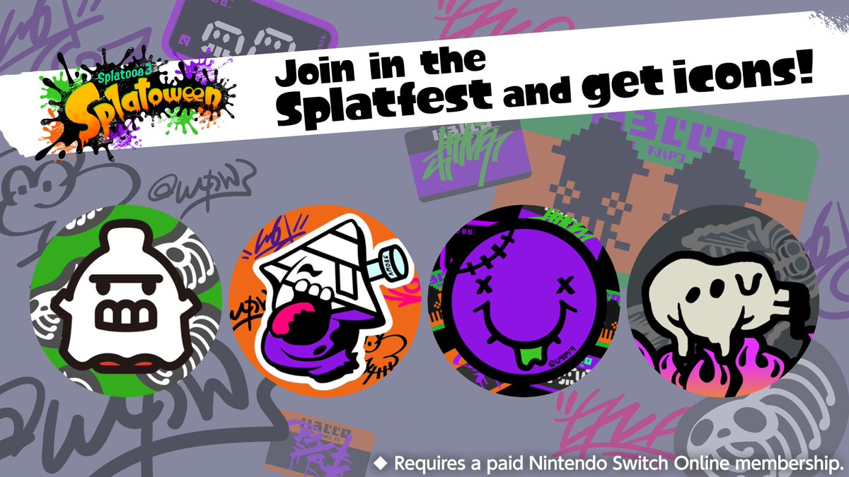 SplatoonNA's tweet image. Trick or treat!
Active Nintendo Switch Online members who participate in the upcoming Splatoween event between 10/24 6pm PT and 10/26 6pm PT will receive these Icon elements!
These Icon elements will be distributed after the event.