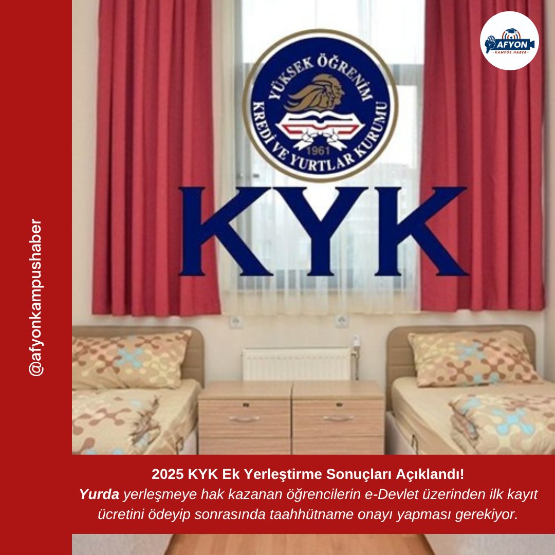 📢KYK ek yurt başvuru sonuçları açıklandı!

Yurda yerleşmeye hak kazanan öğrencilerin e-Devlet üzerinden ilk kayıt ücretini ödeyip sonrasında taahhütname onayı yapması gerekiyor.

#KYK #Yurt #Öğrenci #Yurt #EkYerleştirme #Afyon #Afyonkarahisar