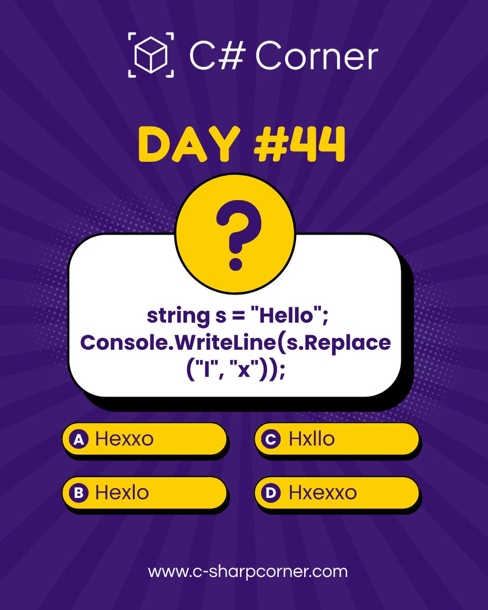 CsharpCorner's tweet image. 🚀 .𝐍𝐄𝐓 𝐂𝐡𝐚𝐥𝐥𝐞𝐧𝐠𝐞 – 𝐃𝐚𝐲 #44 🚀
𝐖𝐡𝐚𝐭 𝐰𝐢𝐥𝐥 𝐛𝐞 𝐭𝐡𝐞 𝐨𝐮𝐭𝐩𝐮𝐭? Drop your answers below! ⬇️

#CSharpCorner #DotNet #csharp #codingchallenge #day44 #LearnAndCode