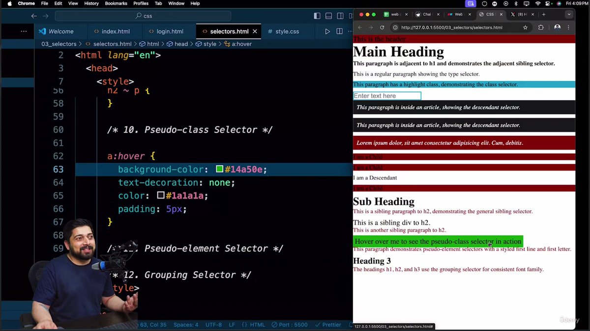 codeXninjaDev's tweet image. Day 11 of #WebDevTortoiseChallenge 🐢 by @ChaiCodeHQ @Hiteshdotcom 
Built a Login Page using &lt;form&gt;, &lt;input&gt;, &lt;button&gt; &amp; Flexbox🎯 Used internal CSS with class, type &amp; descendant selectors. Also mastered 12 CSS selectors from Universal to Pseudo-element for precise styling.